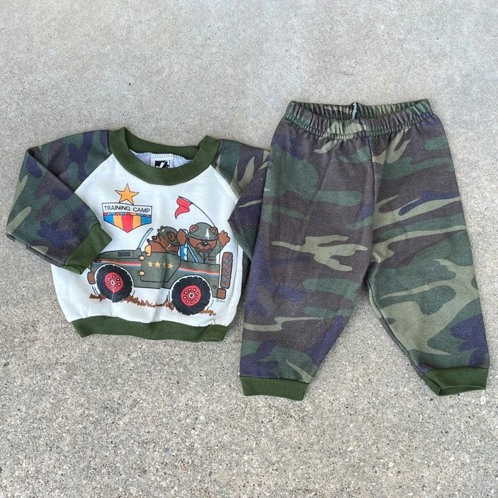 Vintage Jog Togs Boys 12M Outfit 2 Piece Set Bear Camo Army‎ Training Camp